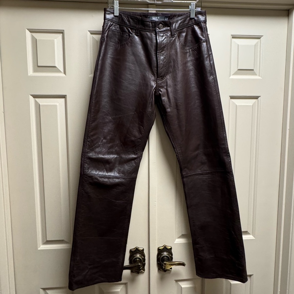 RARE GENUINE Y2K GAP Brown Leather Luxury Weight Fully Lined Jean Cut Pants - Picture 2 of 13